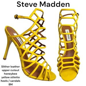 Steve Madden Slithur Yellow Nubuck Leather Caged stiletto Heels peep toe Women 8